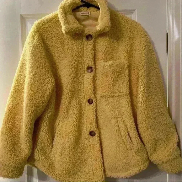 Small (fits M/L!) Yellow Sherpa button up jacket teddy jacket - Picture 4 of 8